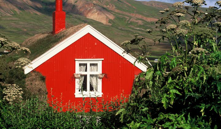 A red painted turf house in Borgarfjörður Eystri, east Iceland.