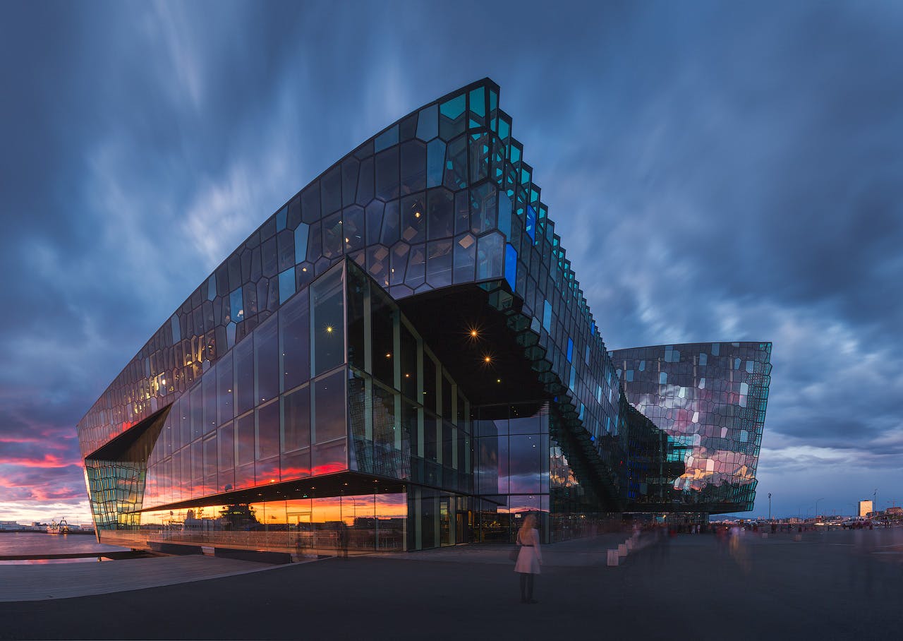The picturesque Harpa Concert Hall in downtown Reykjavík.