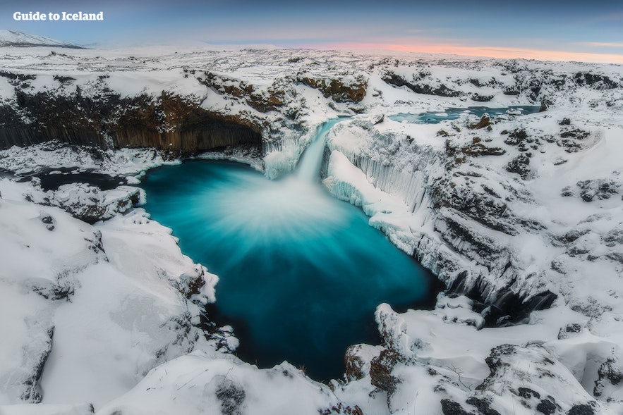 Aldeyarfoss is surrounded by basalt columns, and can be found in north Iceland. Pictured here in winter.