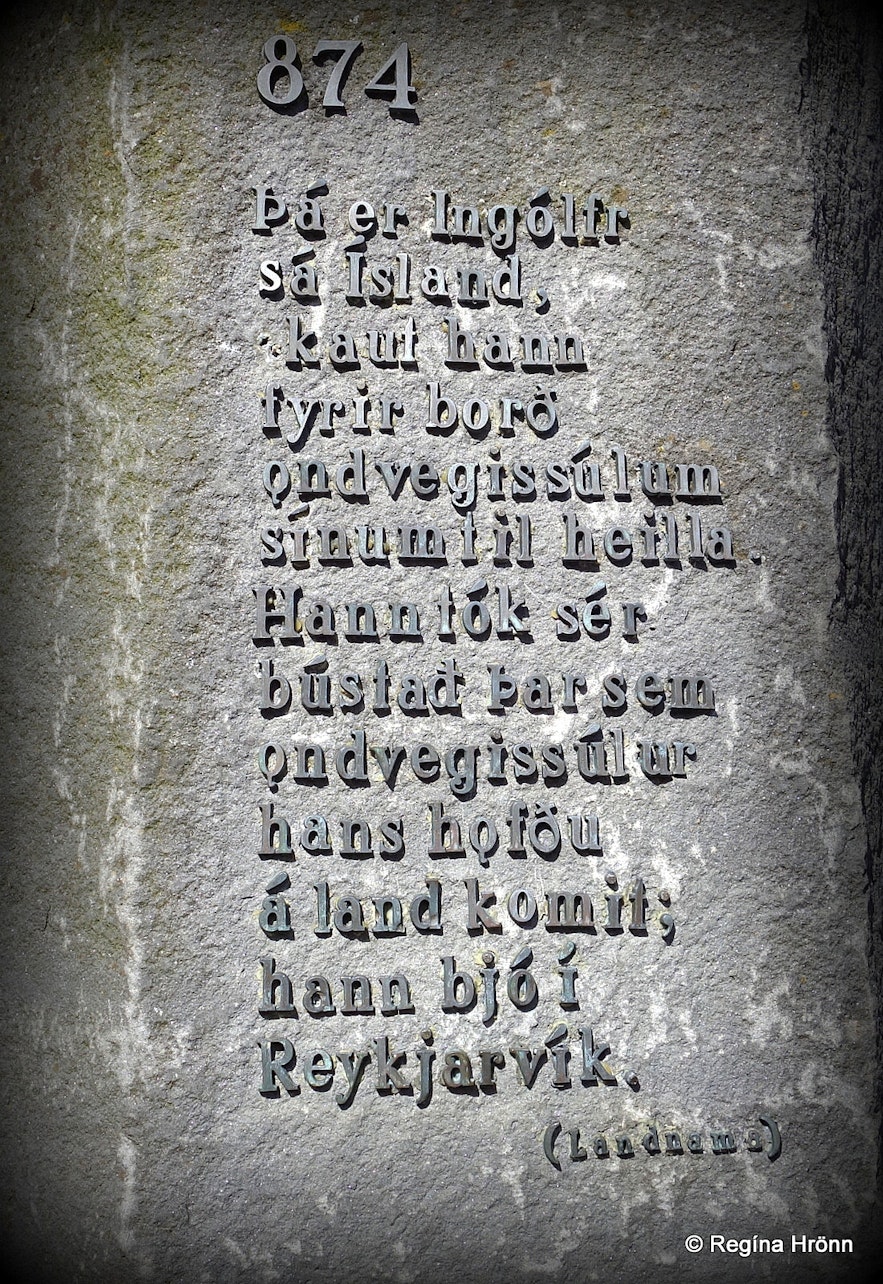 The inscription of one of the high seat pillars at Ingólfstorg square in the old centre of Reykjavík 