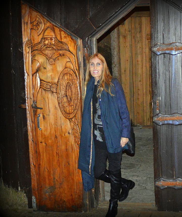 Regína at Ingólfsskáli turf longhouse replica in South-Iceland