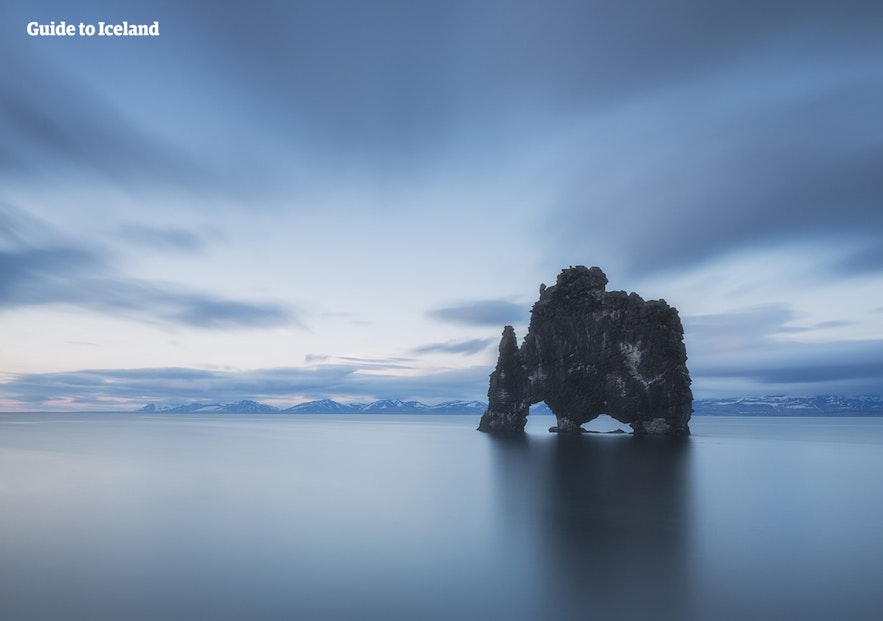 The elephant shaped rock, Hvitserkur, can be found in north Iceland.