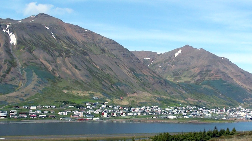 Siglufjörður in North Iceland, with mountains in the background.