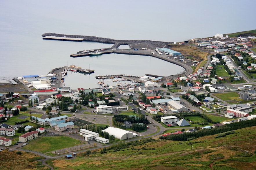 An aerial view over Húsavík.