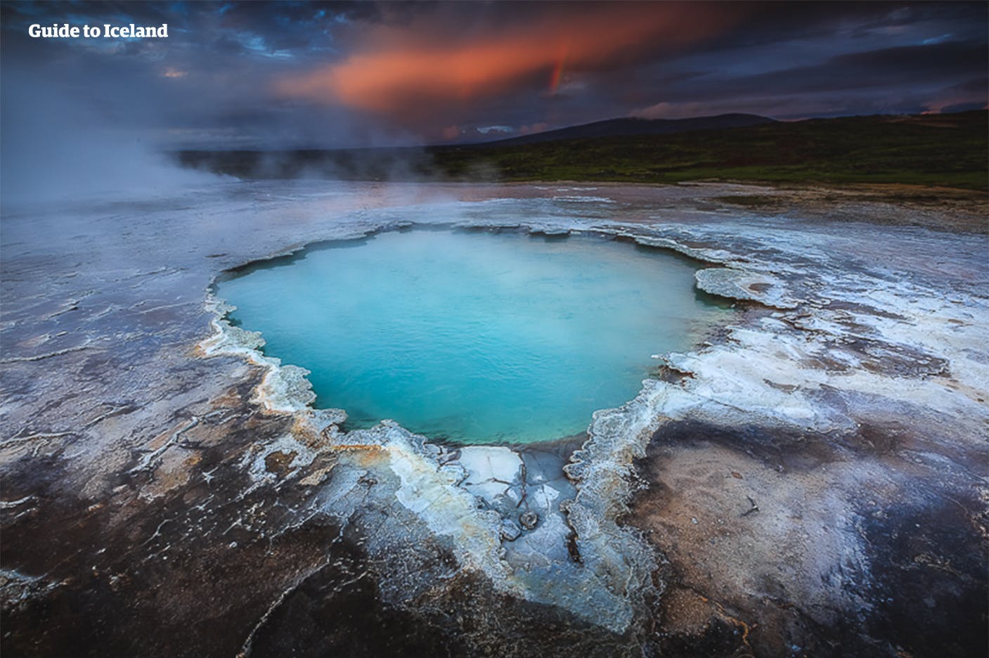 A steaming hot spring found in a geothermal area near Lake Mývatn.