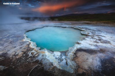 A steaming hot spring found in a geothermal area near Lake Myvatn.