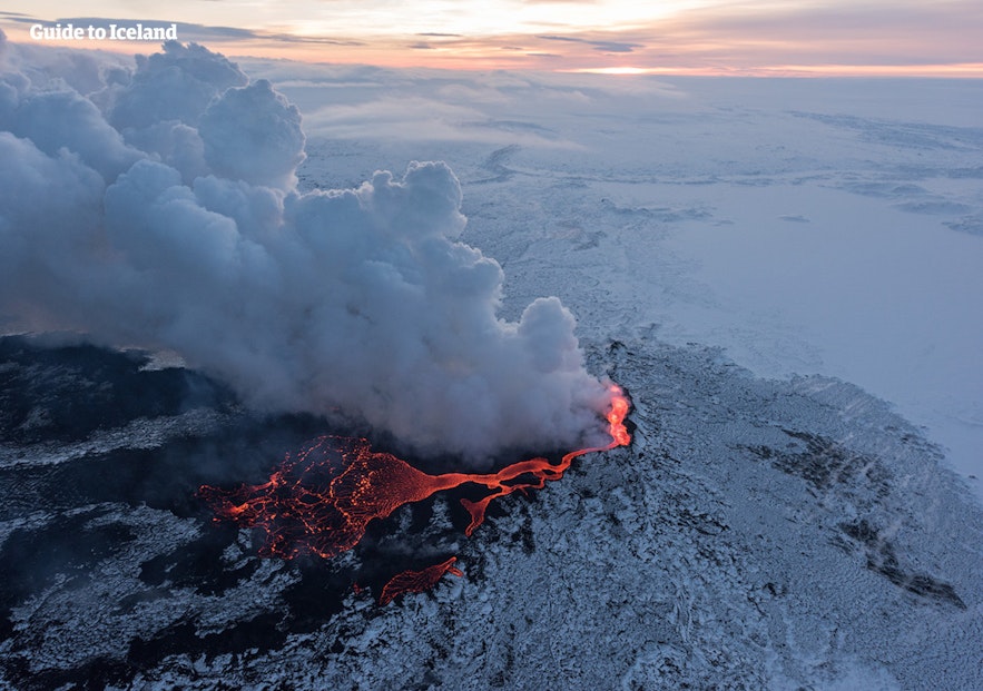 Ash billowing from Holuhraun, a volcano in Iceland.