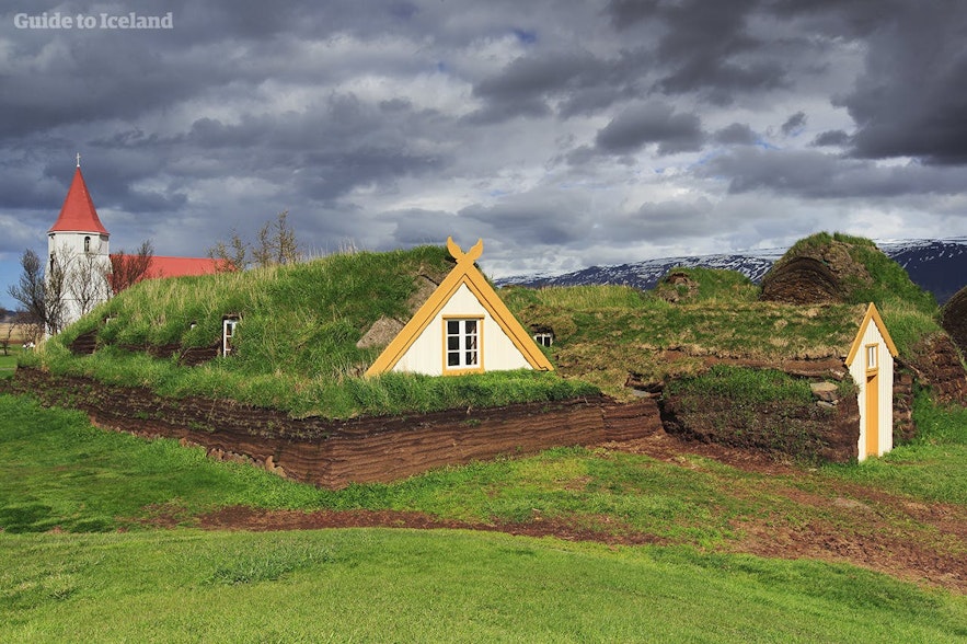 A turf home and church in Iceland.