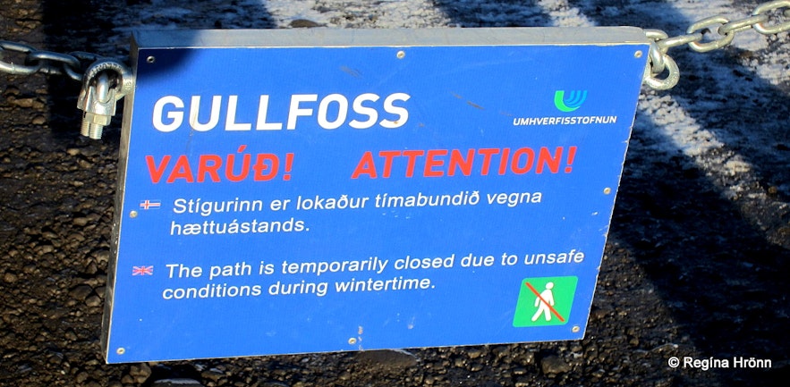 Warning signs by Gullfoss - path closed
