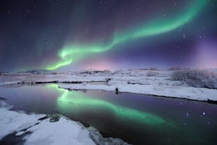 Nordlyset over et snødekt landskap