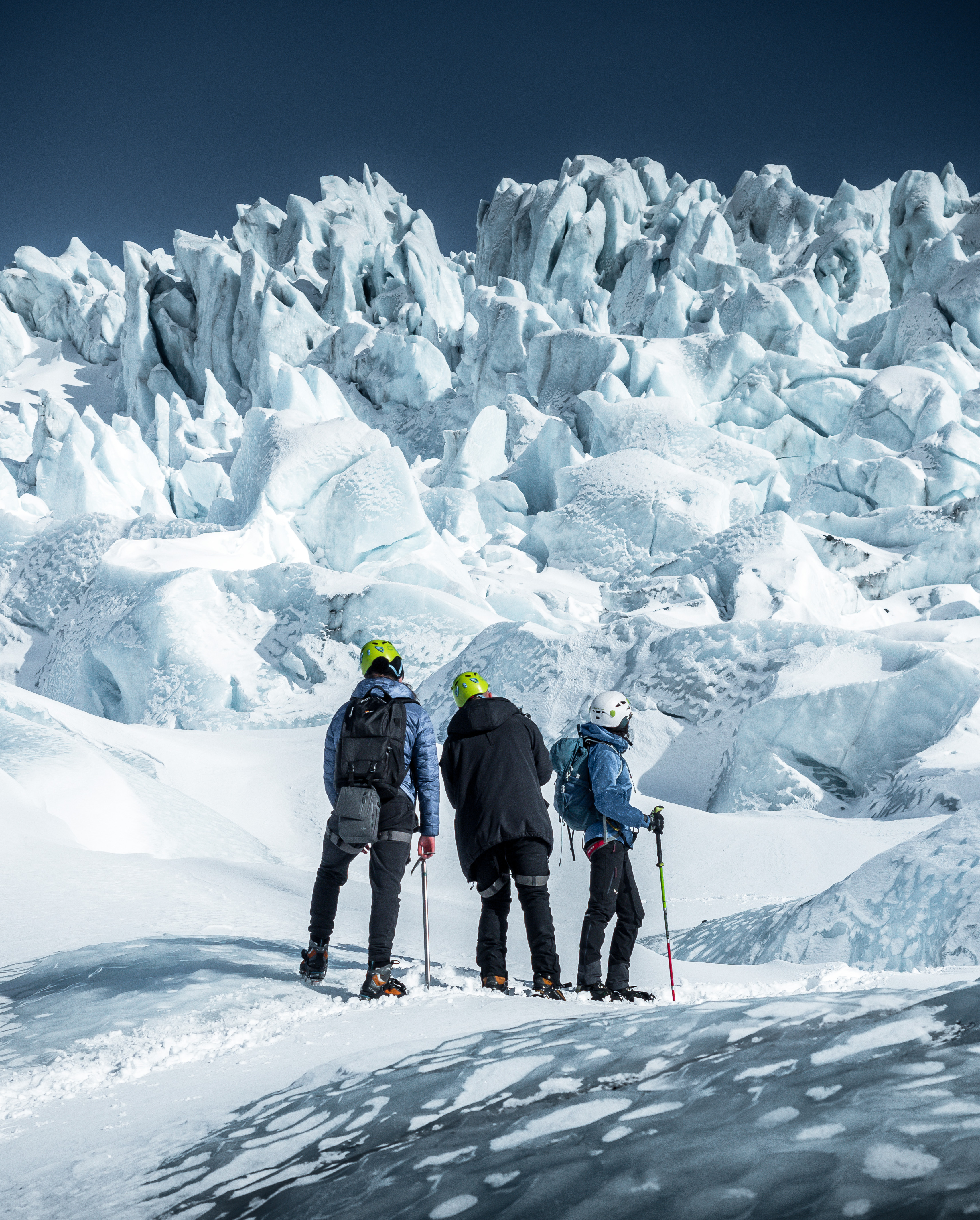 A group of people gearing up for a glacier hike in Iceland