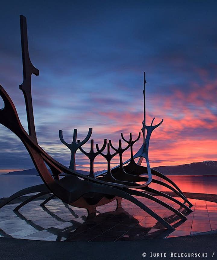 The Sun Voyager bathed by the light of the midnight sun in Reykjavík.