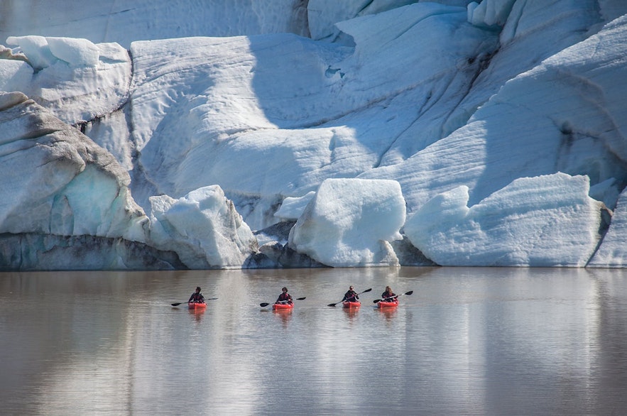 Kayakers get great views of Iceland's glaciers.