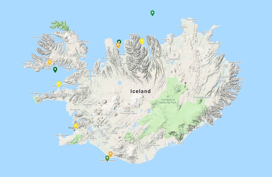 A map of Iceland with the five islands marked