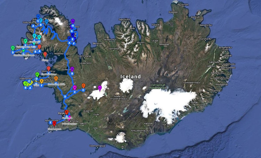 从冰岛首都雷克雅未克自驾途径斯奈山到达西峡湾线路地图