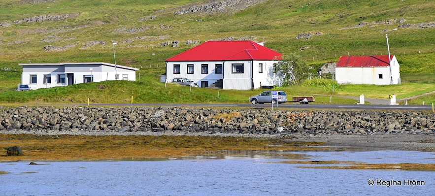 Guesthouse Kirkjuból is to the left and the farm Kirkjuból is to the right just across the bay from the museum