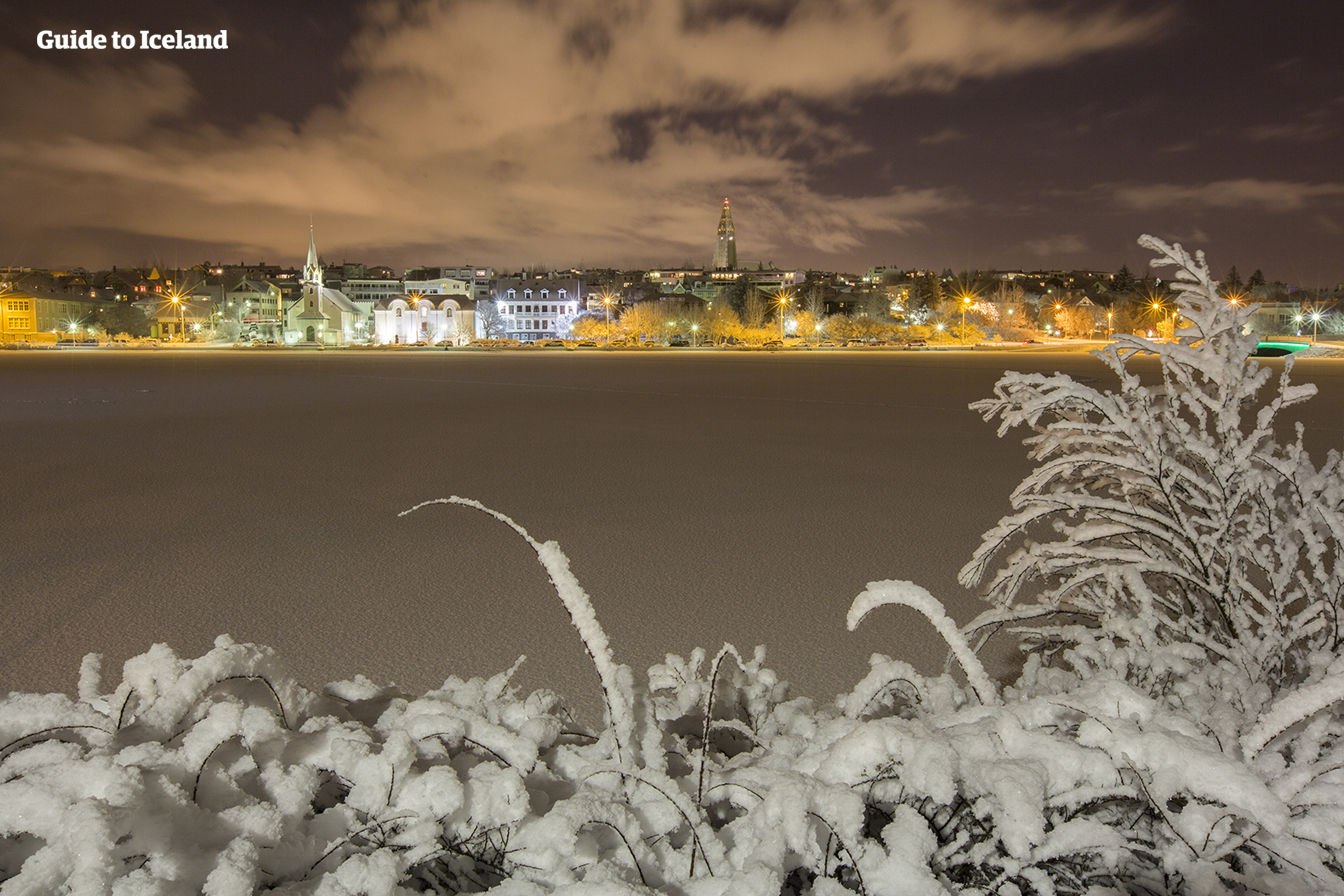 The Tjörninn pond in Reykjavík freezes over in the winter and makes for a serene sight.