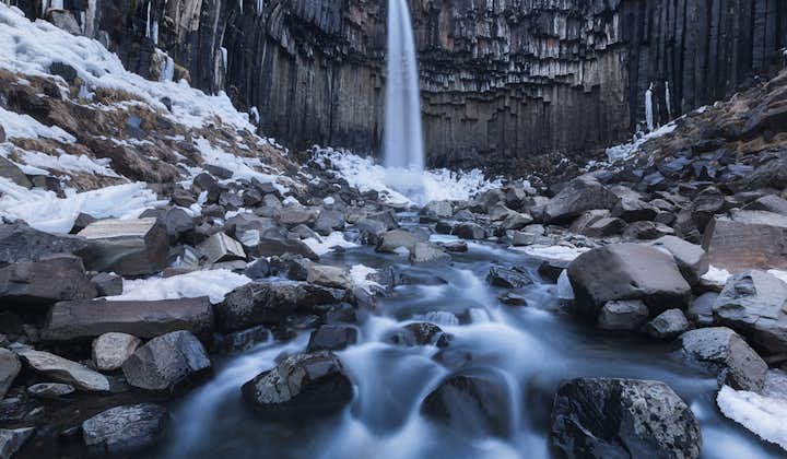 Svartifoss in winter is a stunning attraction in Skaftafell Nature Reserve, part of a National Park in south Iceland.