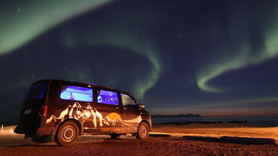 Iceland Cozy Camper campervan with Northern Lights