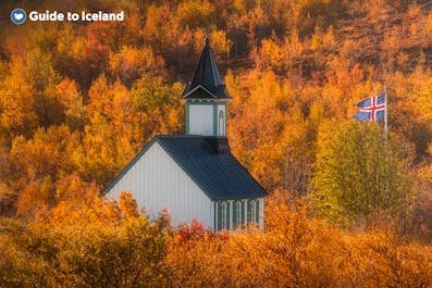 A church in the Thingvellir National Park, one of the stops on the Golden Circle sightseeing route.