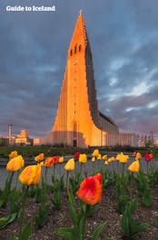 在冰岛夏季太阳照耀下的哈尔格林姆斯大教堂（Hallgrímskirkja）