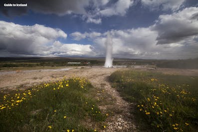 The dynamic geyser Strokkur erupts in the Geysir Geothermal Park.
