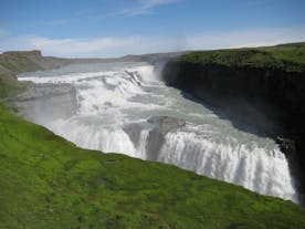 The crest of the mighty Gullfoss waterfall on the Golden Circle route.