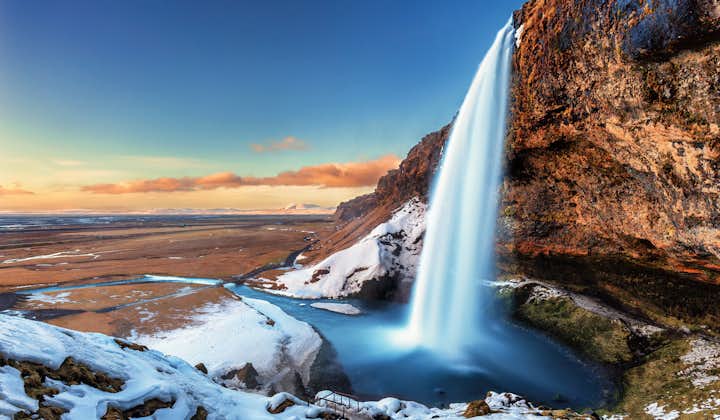 Seljalandsfoss Waterfall on Iceland's South Coast photographed in winter.