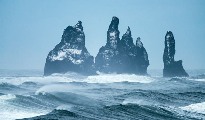 The Reynisdrangar sea stacks photographed in winter on Iceland's South Coast.