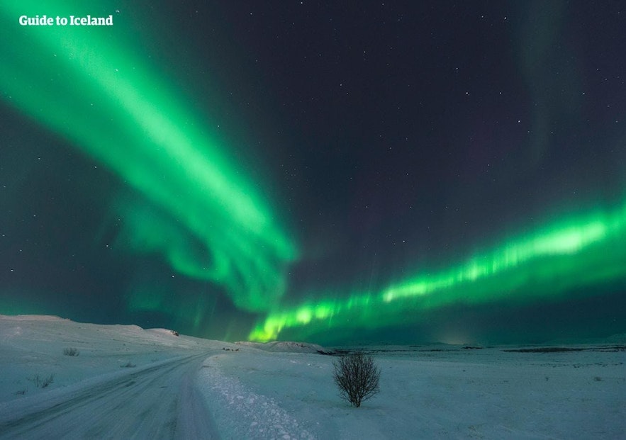 L'aurora boreale illumina il cielo sopra una scena innevata in Islanda