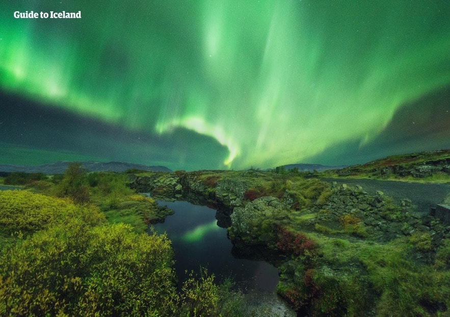 Thingvellir National Park lit up by the green light of the aurora borealis