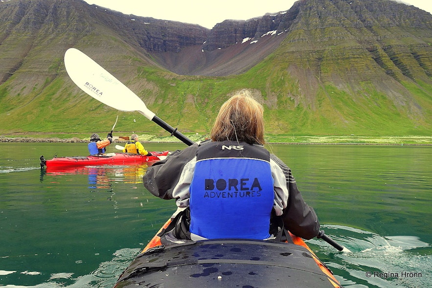 Regína Kayaking by Ísafjörður town in the Westfjords of Iceland