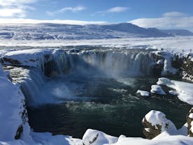 Godafoss waterfall in North Iceland during winter.