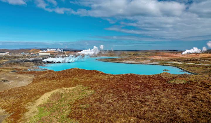 A geothermal energy plant with incredible blue water draining off