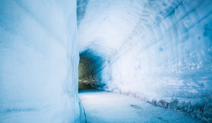 The blue and white walls of the ice tunnel.
