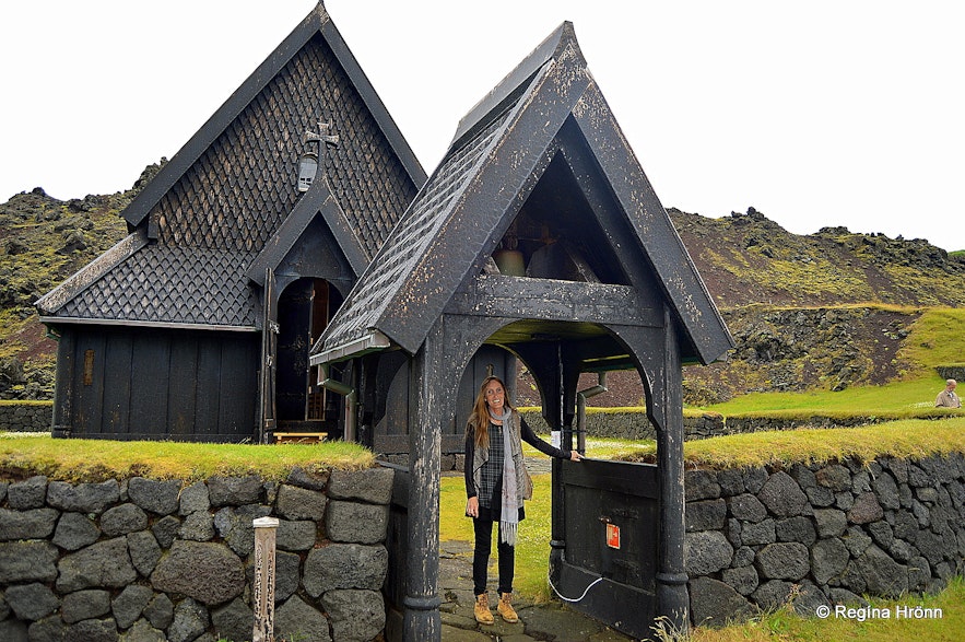 Regína by the the stave church in the Westman islands
