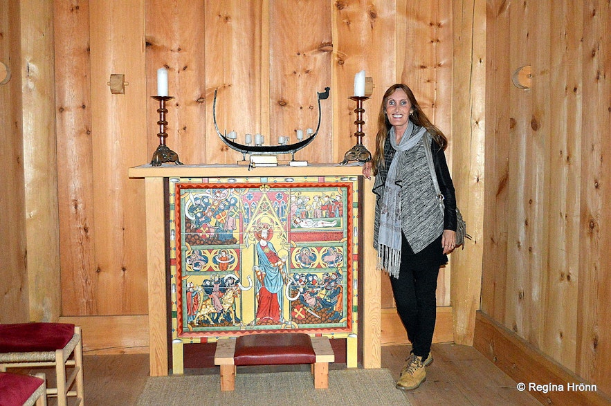Regína inside the stave church in the Westman islands