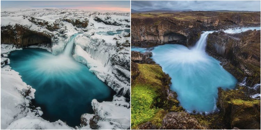 冰岛北部米湖地区(Mývatn)的Aldeyjarfoss瀑布