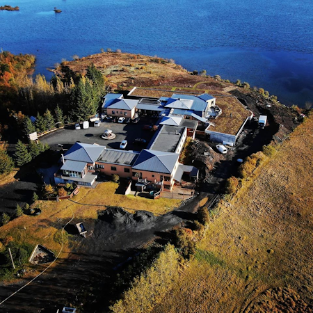 An aerial view of Hotel Kriunes in summer.
