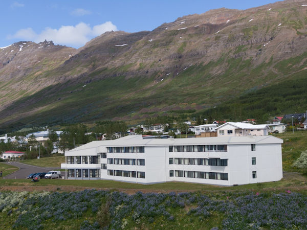 An aerial view of the Cliff Hotel in East Iceland.