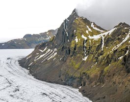A glacier in a mountainous valley in South Iceland.