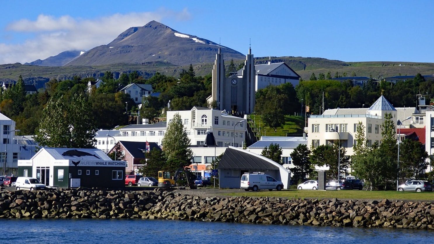 Akureyri, the unofficial capital of Iceland's North, viewd from its harbour.