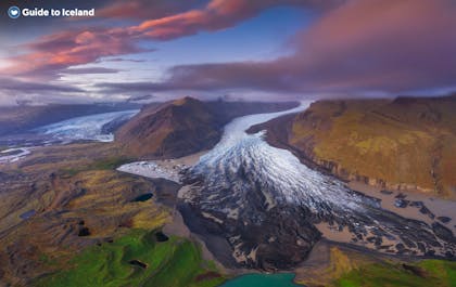 An overhead shot of a glacial tongue on the South Coast of Iceland.