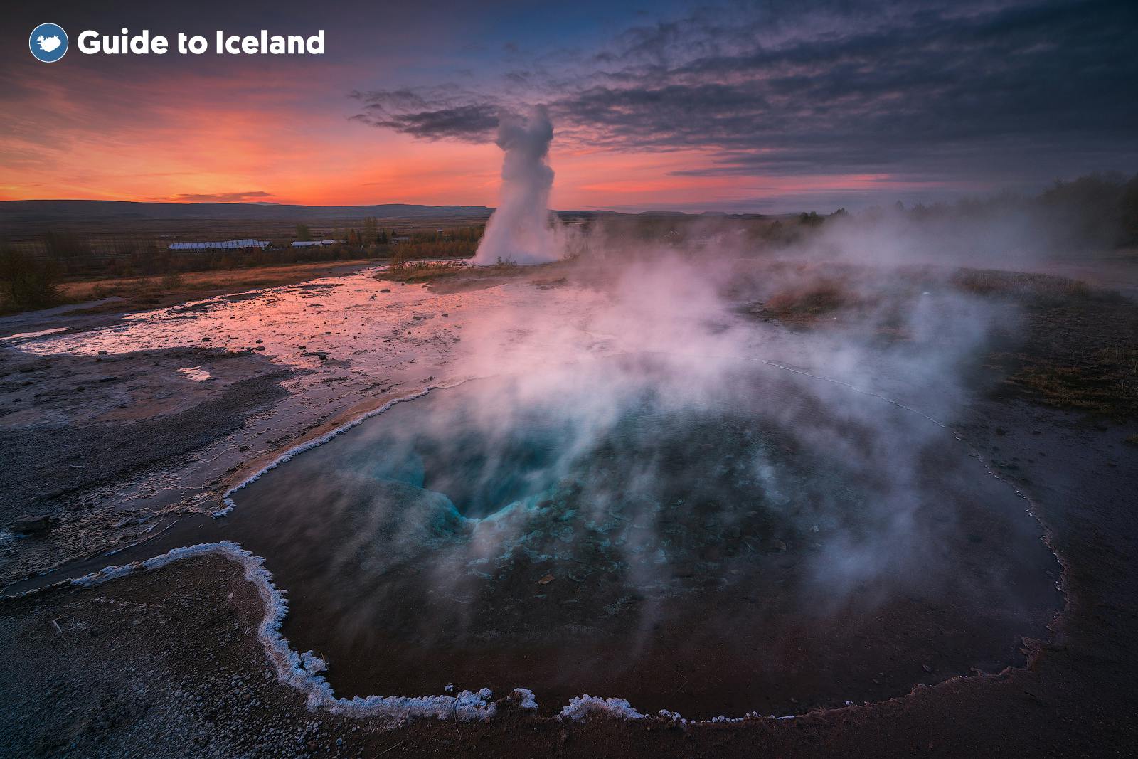 The rising steam from the Geysir Geothermal Area which is part of the famous Golden Circle Tourist Route in South West Iceland.