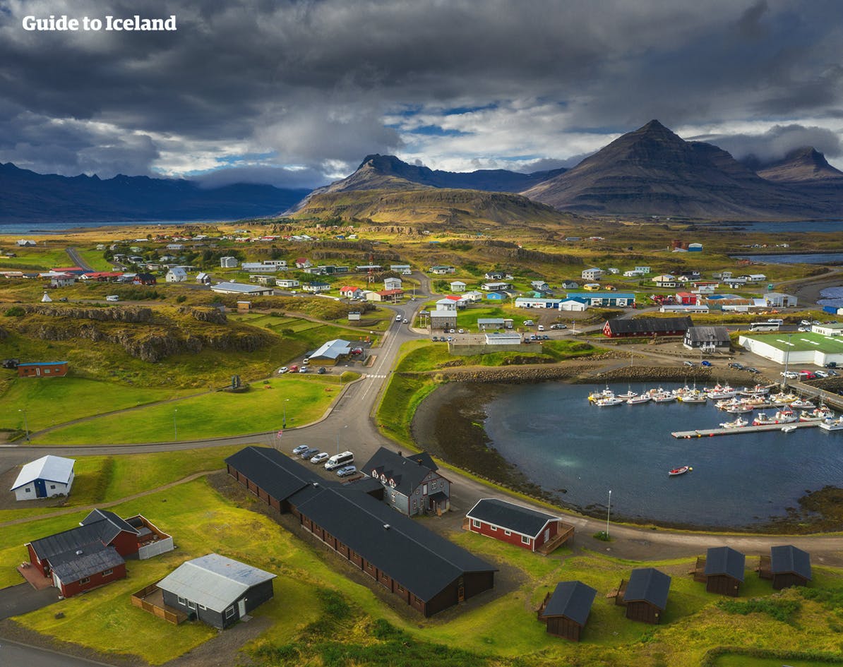 An overhead shot of a quaint town in Iceland's remote Eastfjords.