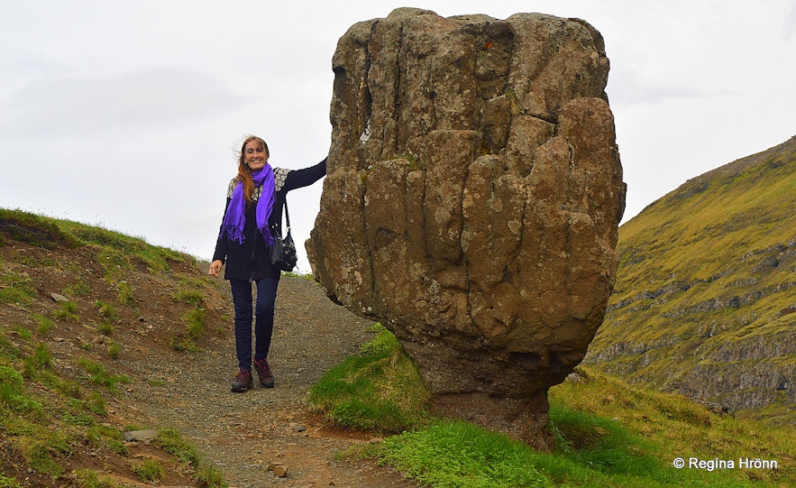 Regína greeting the hermit in Staupasteinn rock Hvalfjörður