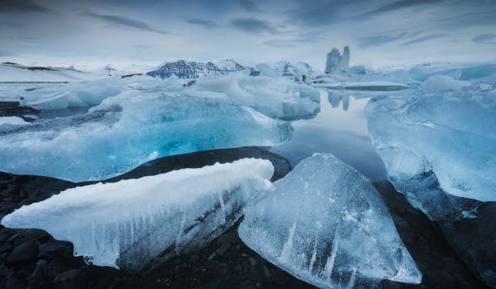 Pieces of ice floating in Jokulsarlon Glacier Lagoon in the Southeast of Iceland.