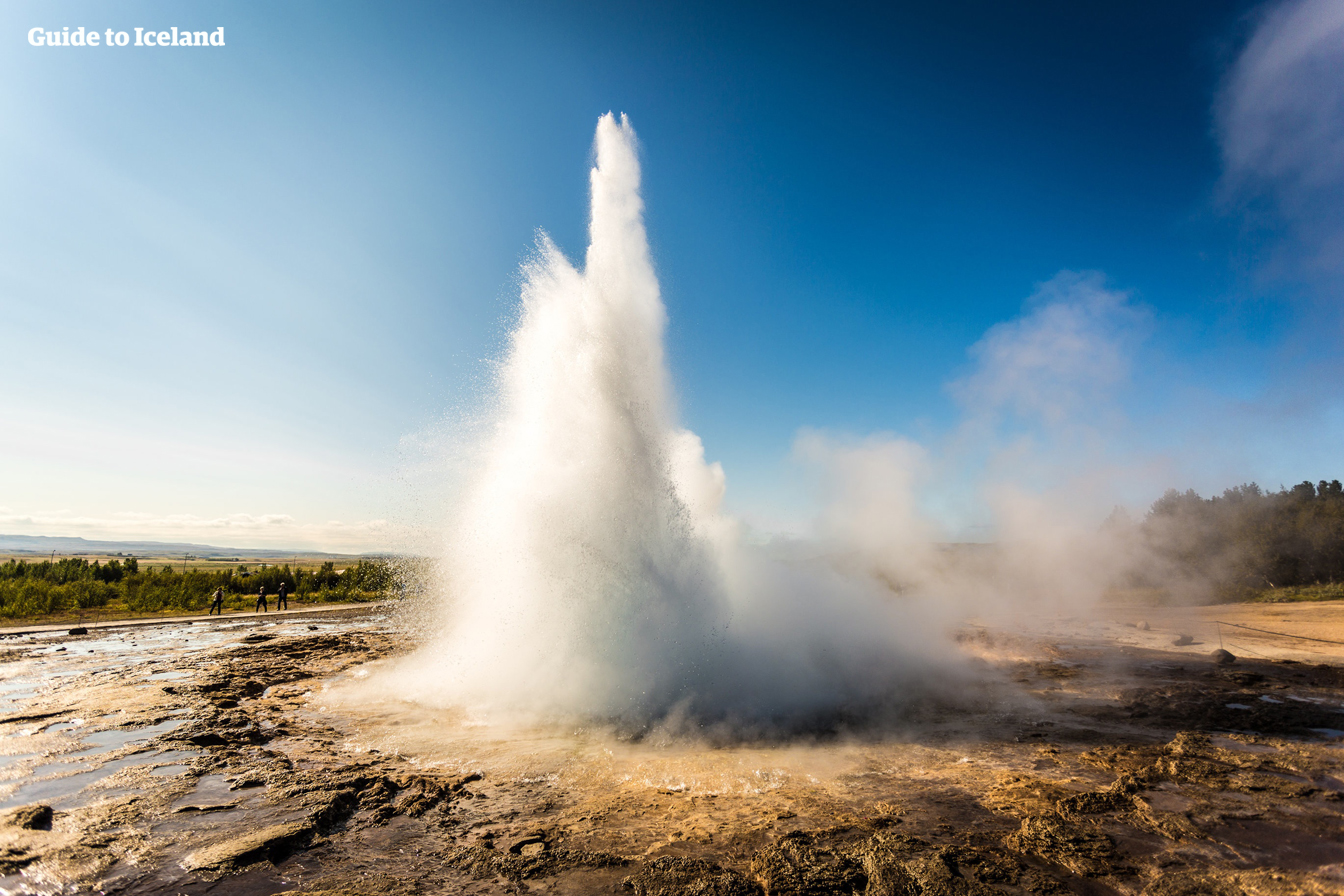 An eruption of Strokkur, the most active geyser in the Geysir Geothermal Area in the South West of Iceland.