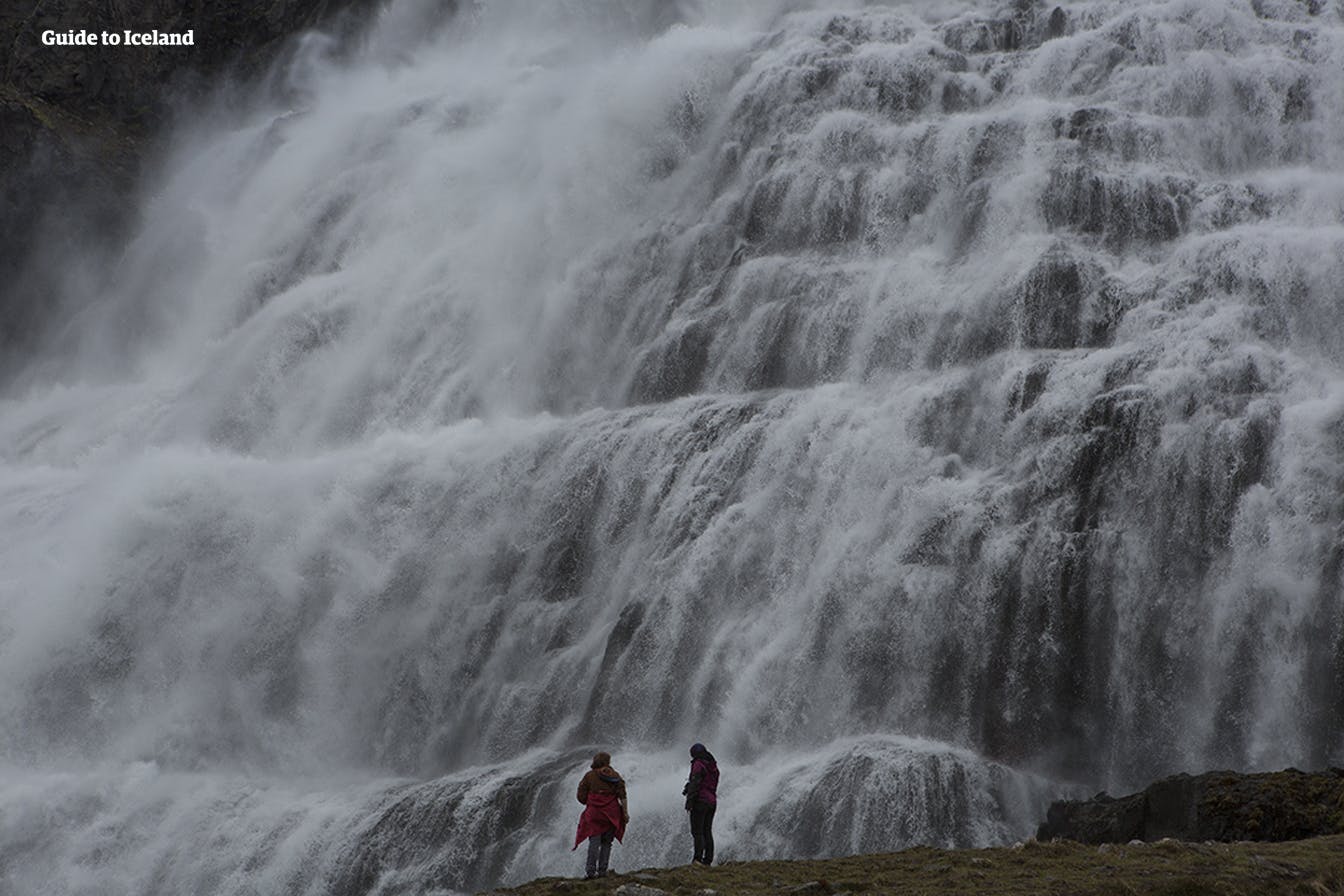 Wodospad Dynjandi na Fiordach Zachodnich Islandii, dwóch podróżników podziwia wodospady u ich podstawy.