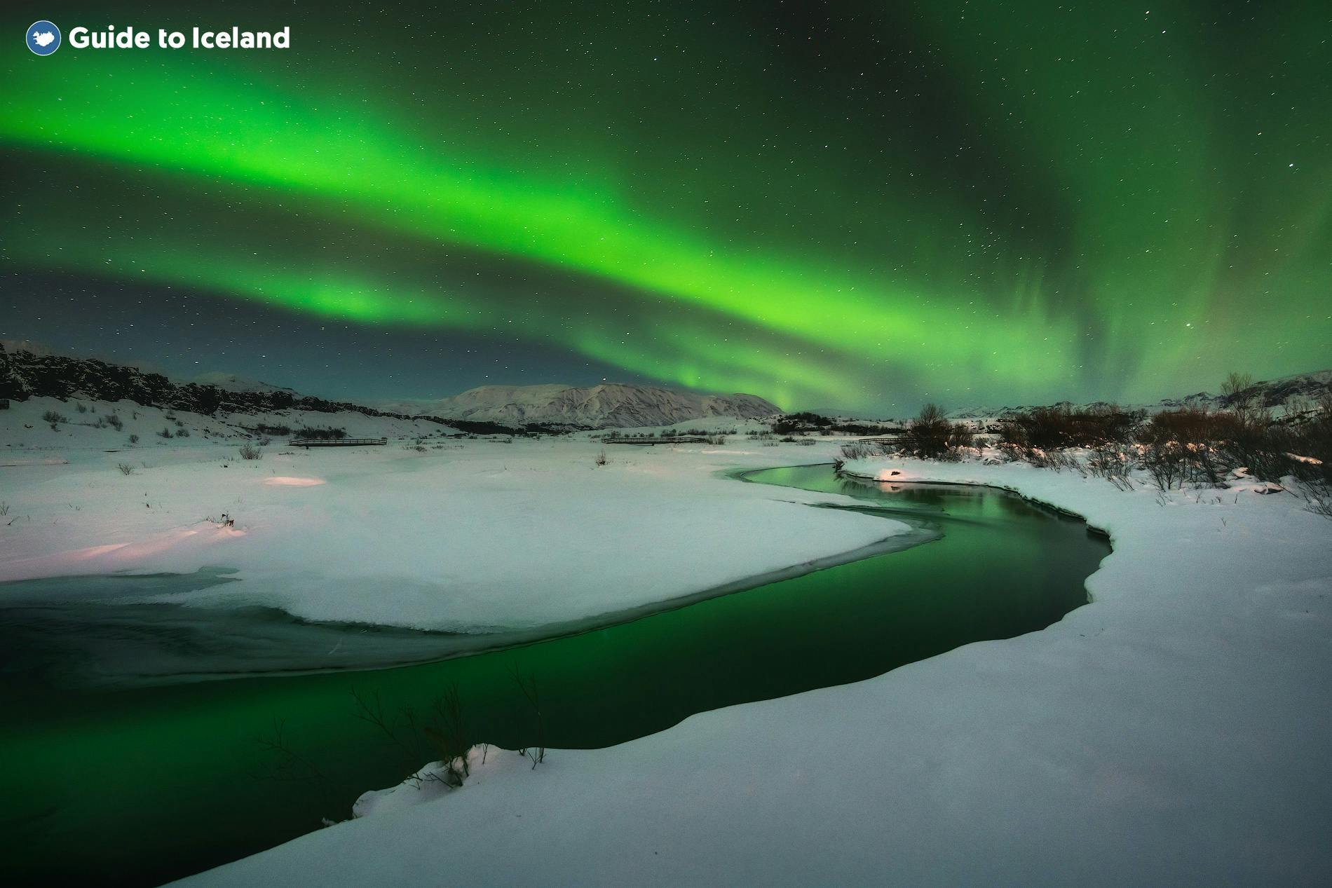 Zimą zorza polarna pojawia się na niebie, nad jeziorem na Islandii.